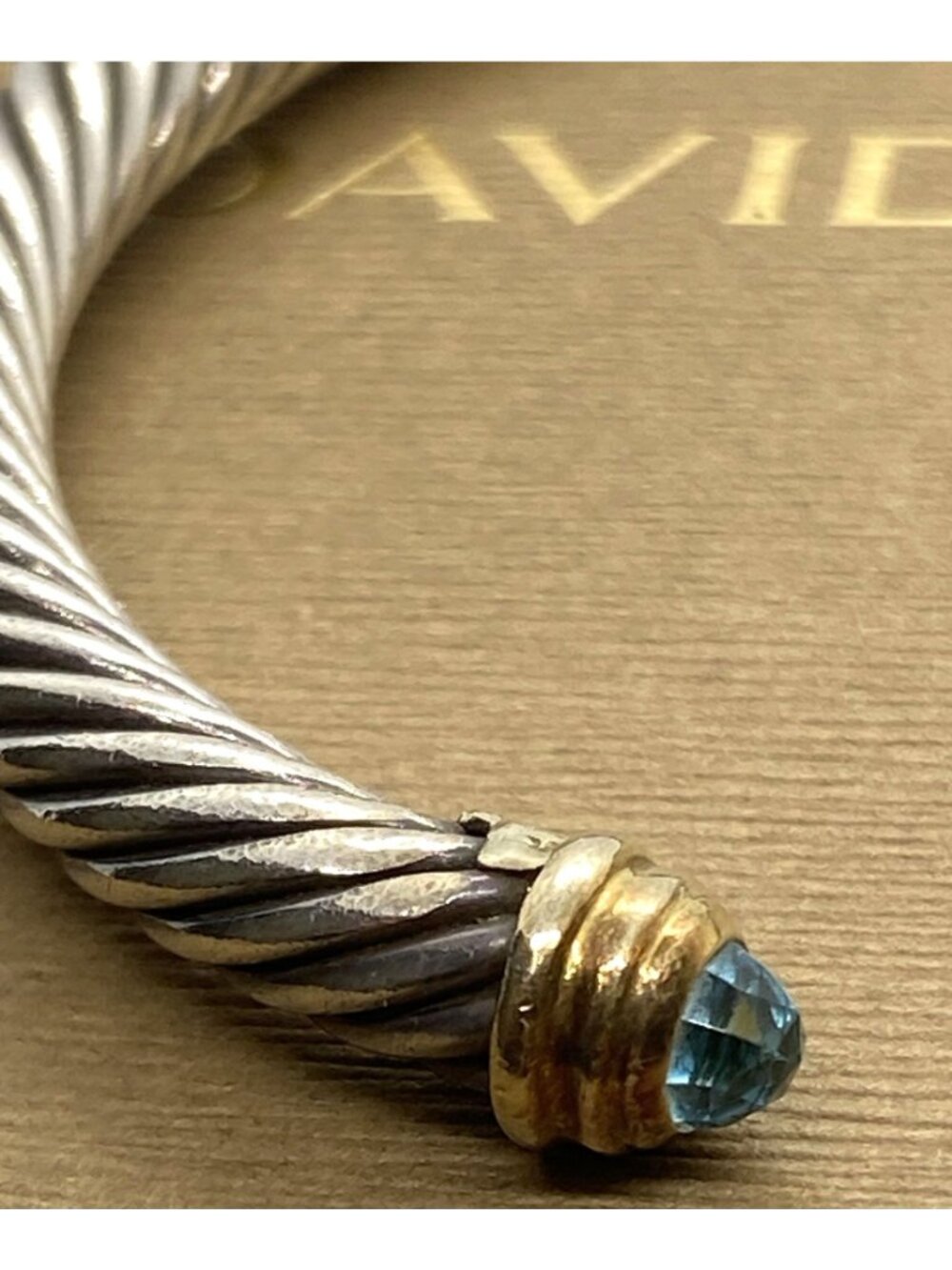 David Yurman Sterling Silver 925 Gold 5mm Cable Cuff Bracelet Blue Stone - Picture 10 of 16